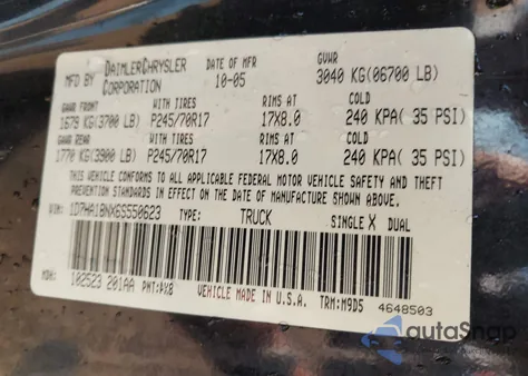 2006 Dodge Ram 1500 Slt из США, поврежденный, VIN 1D7HA18NX6S550623